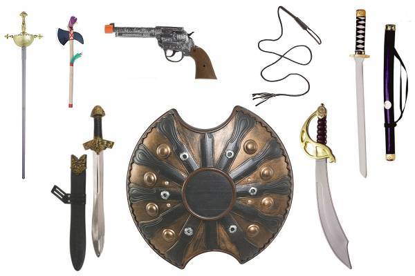 Armes en plastique, pistolets, sabres, épées, accessoires de déguisement